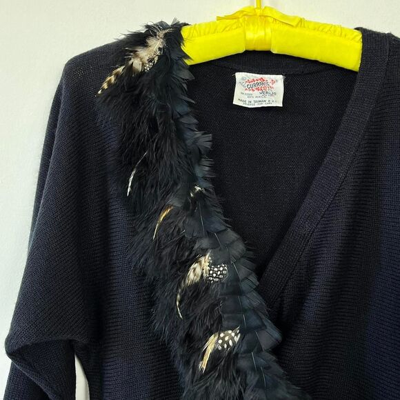 80s Vintage Feather Trim Black Wrap Sweater Dolman Sleeve Large - Picture 2 of 7